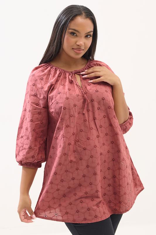  YOURS Curve Rust Orange Floral Broderie Anglaise Tie Front Top