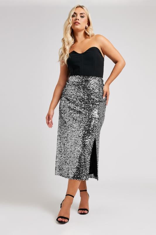 YOURS LONDON Plus Size Silver Sequin Embellished Maxi Skirt | Yours Clothing  3