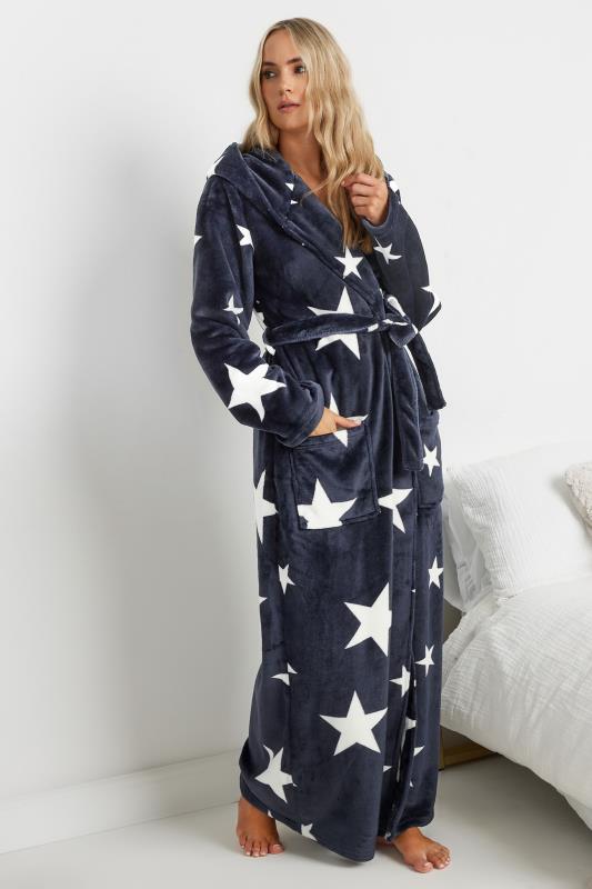 LTS Tall Navy Blue Star Print Hooded Dressing Gown | Long Tall Sally 3