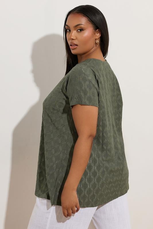 YOURS Plus Size Khaki Green Broderie Anglaise Textured Swing Top | Yours Clothing 3