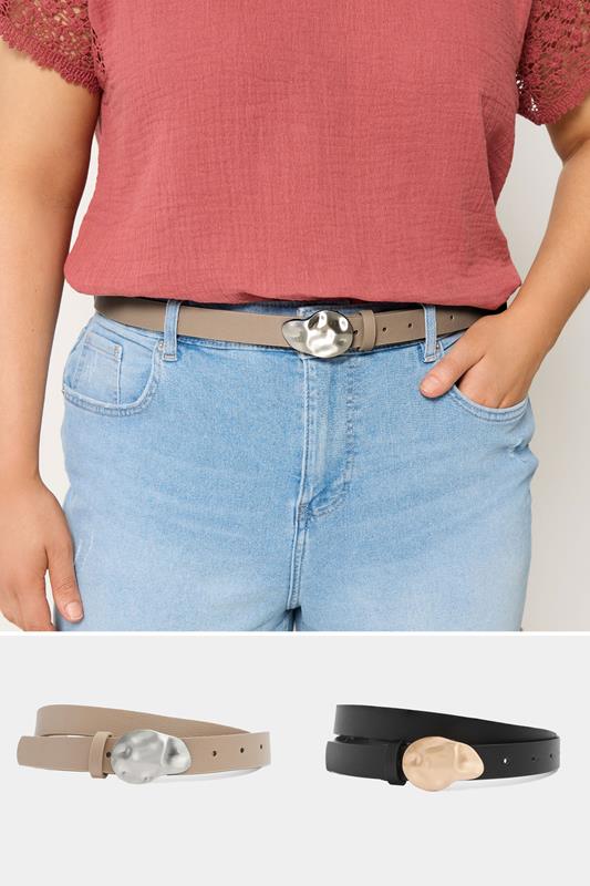 YOURSET 2 PACK Black & Taupe Brown Hammered Detail Belts | Yours Clothing 1