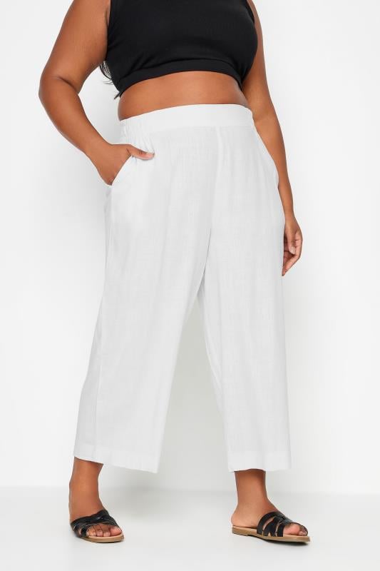 Plus Size  YOURS Curve White Wide Leg Cropped Linen Trousers
