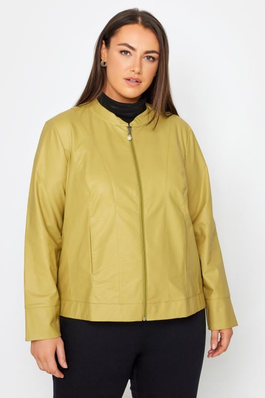 Plus Size  Evans Mustard Yellow Faux Leather Collarless Jacket