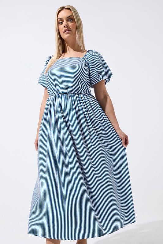LIMITED COLLECTION Plus Size Blue Stripe Puff Sleeve Dress | Yours Clothing 1
