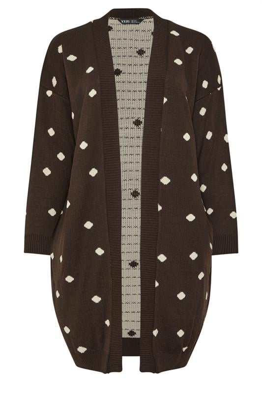 YOURS Plus Size Chocolate Brown Polka Dot Knitted Cardigan | Yours Clothing 5