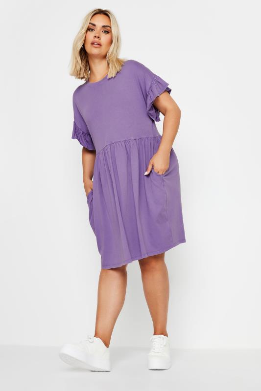 YOURS Plus Size Purple Acid Wash Frill Sleeve Mini Dress | Yours Clothing 2