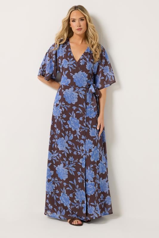 LTS Tall Chocolate Brown & Blue Floral Wrap Maxi Dress