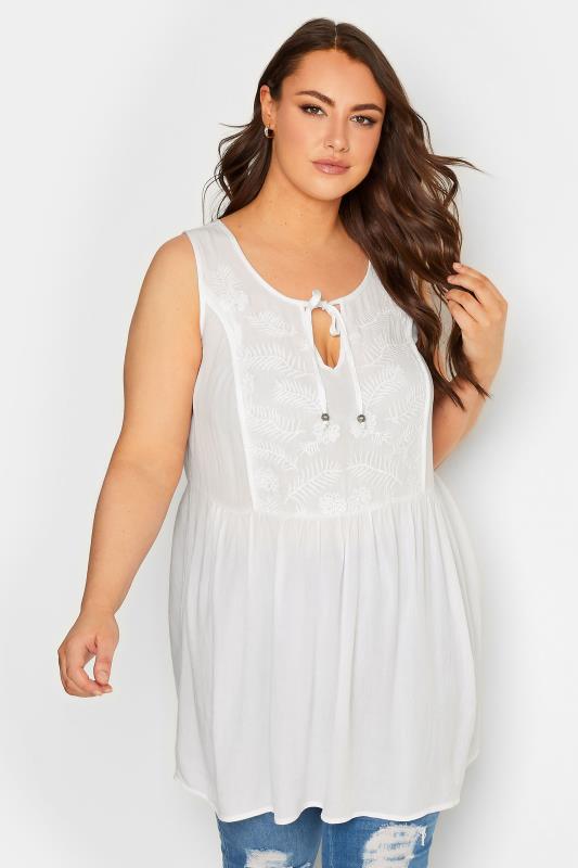 YOURS Plus Size White Embroidered Peplum Vest Top | Yours Clothing 1