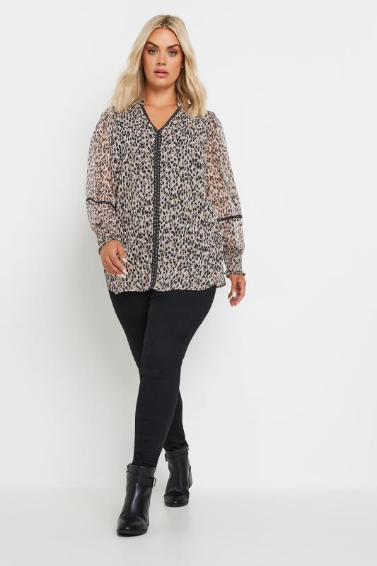 YOURS Plus Size Natural Brown Leopard Print Stud Trim Blouse | Yours Clothing 2