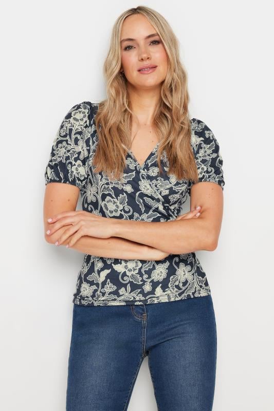 LTS Tall Women's Navy Blue Floral Print Wrap Top | Long Tall Sally 1