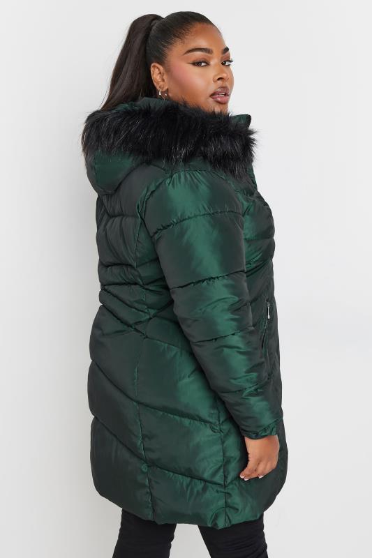 YOURS Plus Size Forest Green Faux Fur Trim Puffer Coat | Yours Clothing 5