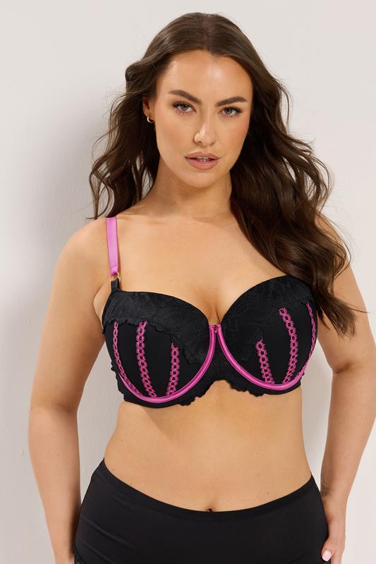 YOURS Curve Black & Pink Ribbon Underwired Padded Bra