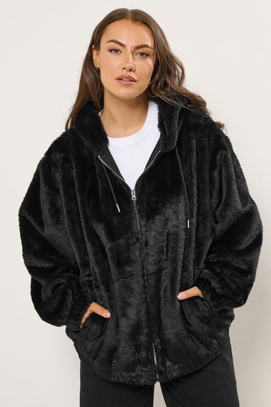 YOURS Plus Size Black Faux Fur Hooded Jacket | Yours Clothing 1