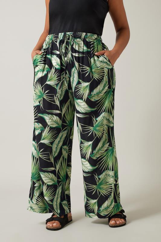 EVANS Plus Size Green Palm Print Wide Leg Trousers | Evans 3