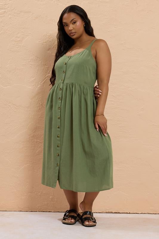 YOURS Plus Size Khaki Green Button Through Linen Sundress | Yours Clothing 2