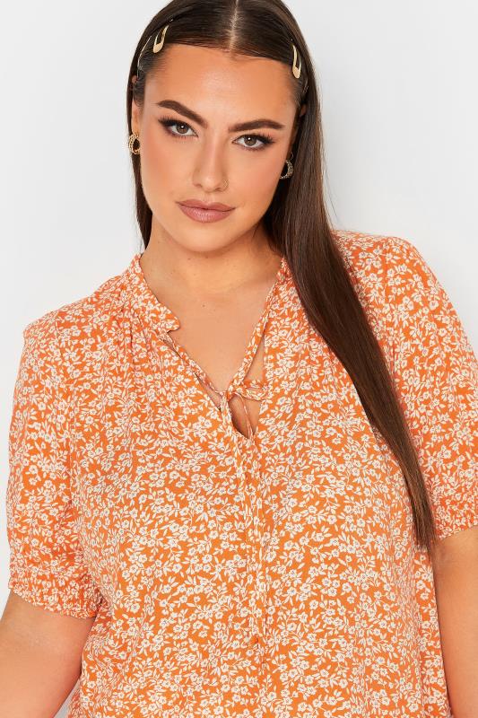 YOURS Plus Size Orange Floral Print Tie Neck Blouse | Yours Clothing 4