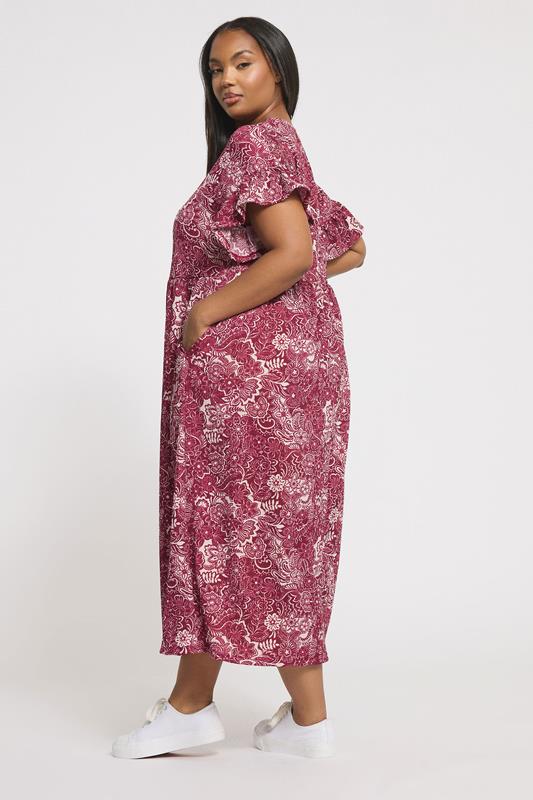 YOURS Plus Size Burgundy Red Floral Frill Sleeve Midaxi Dress | Yours Clothing 4