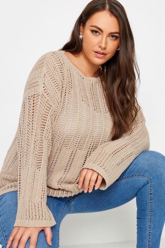 LIMITED COLLECTION Plus Size Natural Brown Flared Sleeve Pointelle Jumper | Yours Clothing 4