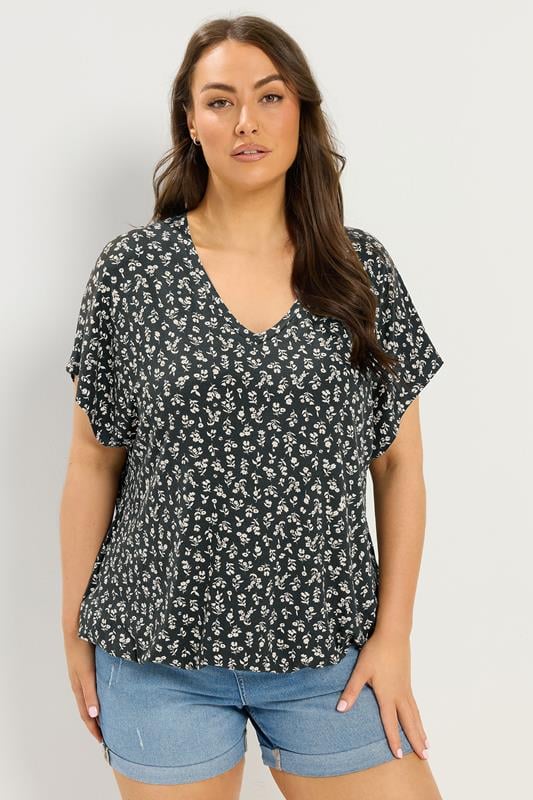 YOURS Curve Black Floral Elasticated Hem T-Shirt