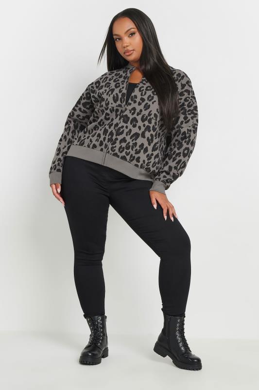 YOURS Plus Size Grey Leopard Print Oversized Sweat Bomber Jacket | Yours Clothing 2