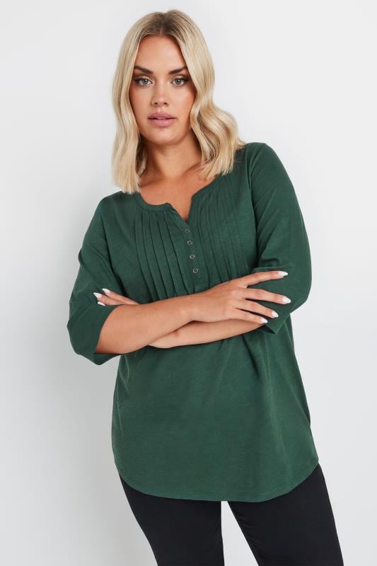 YOURS Plus Size Forest Green Pintuck Henley Top | Yours Clothing 1