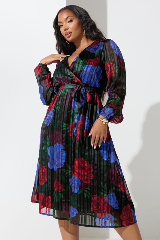 Plus Size  YOURS LONDON Curve Black Floral Metallic Wrap Dress