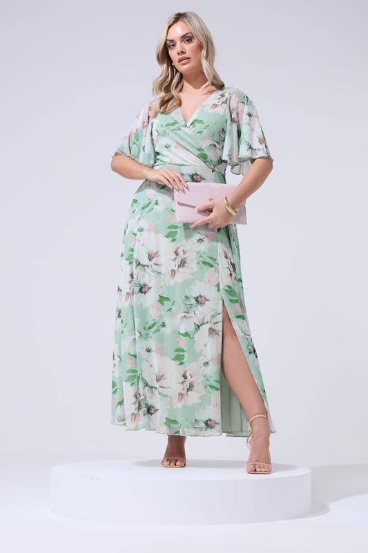 YOURS LONDON Curve Sage Green Floral Wrap Mesh Dress