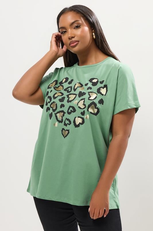  YOURS Curve Green Heart Print T-Shirt