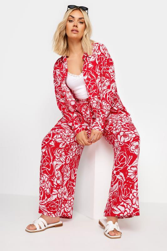 YOURS Plus Size Red Floral Print Crinkle Drawstring Trousers | Yours Clothing 2