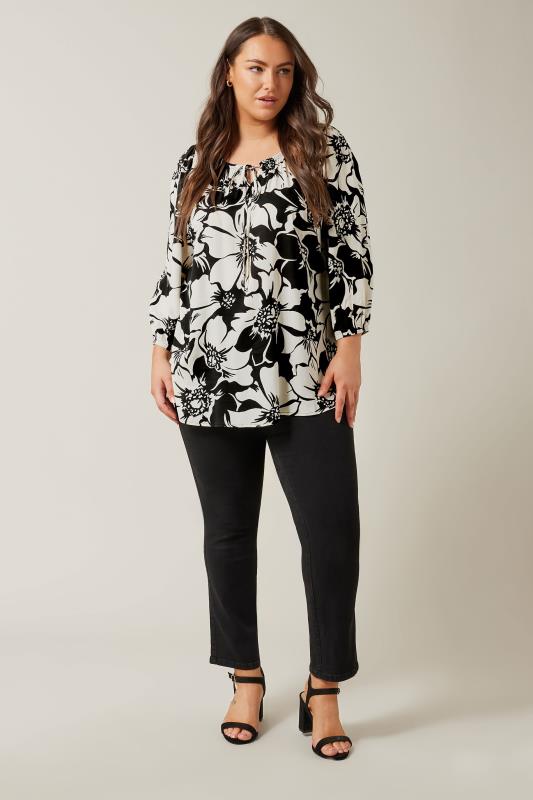 EVANS Plus Size Black Floral Print Tie Neck Blouse | Yours Clothing 2