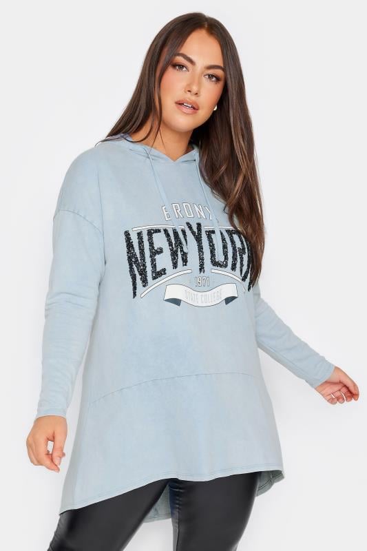 Plus Size  YOURS Curve Light Blue 'New York' Slogan Acid Wash Hoodie