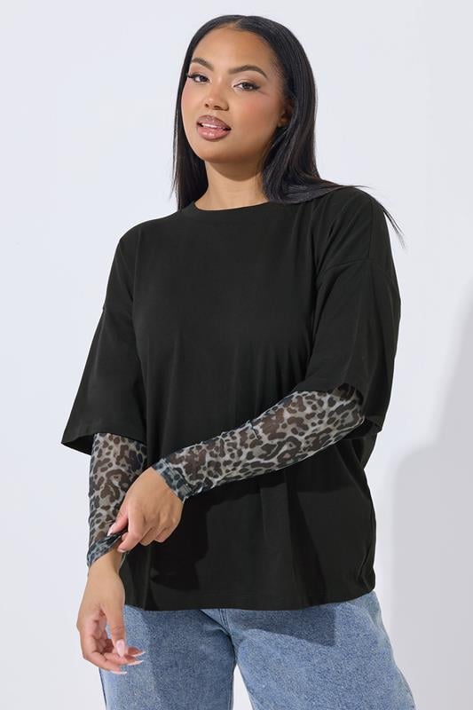  LIMITED COLLECTION Curve Black Leopard 2 in 1 Mesh Sleeve T-Shirt
