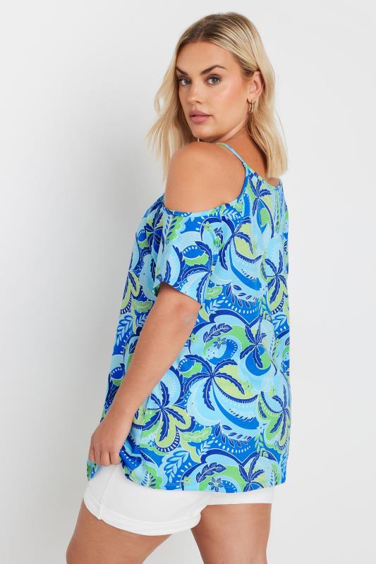 YOURS Plus Size Blue Palm Tropical Print Cold Shoulder Top | Yours Clothing 4