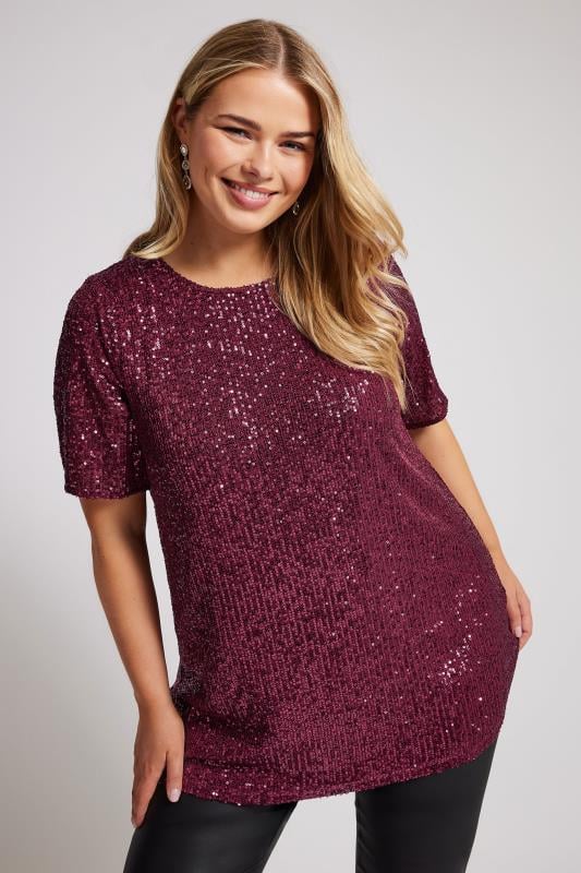 Plus Size  YOURS LONDON Curve Burgundy Red Sequin Swing Top