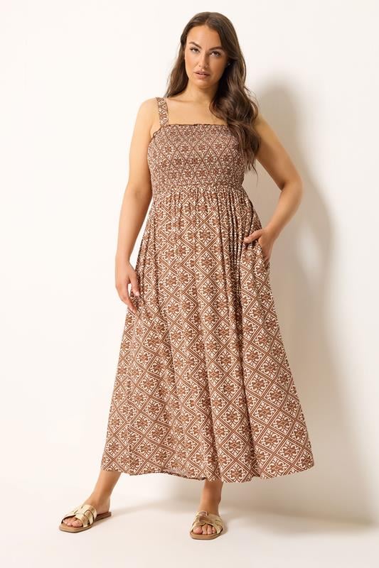  YOURS Curve Brown Geometric Print Shirred Sundress