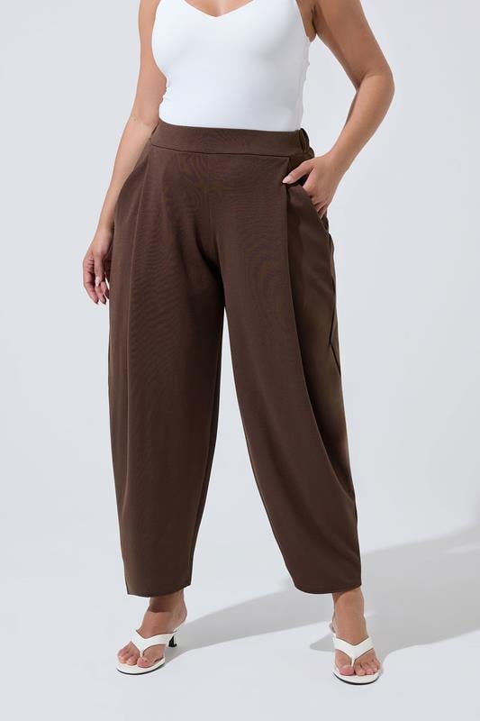 LIMITED COLLECTION Plus Size Chocolate Brown Pleated Barrel Leg Trousers | Yours Clothing 1