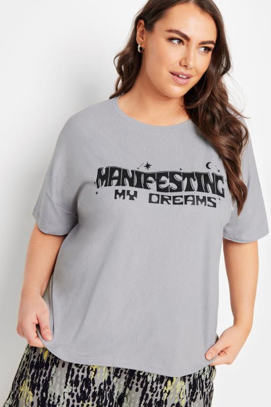 YOURS Plus Size Grey 'Manifesting My Dreams' Slogan Pyjama Set | Yours Clothing 4