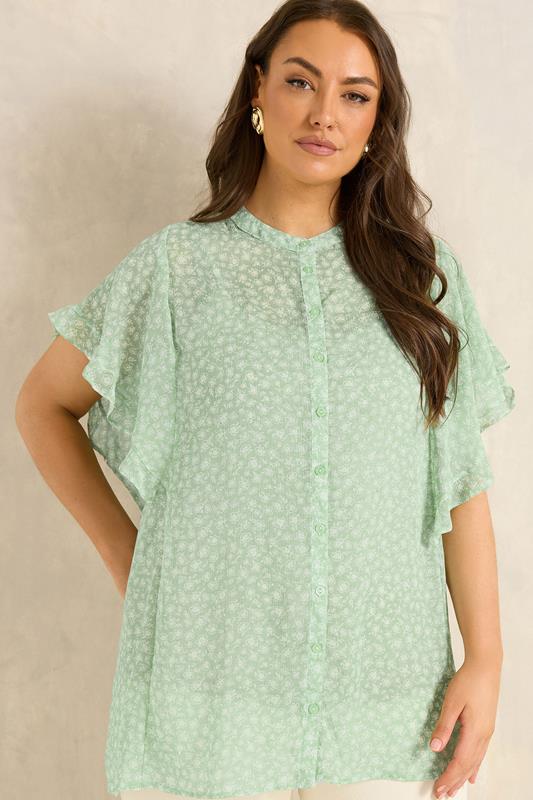  EVANS Curve Green Frill sleeve Blouse