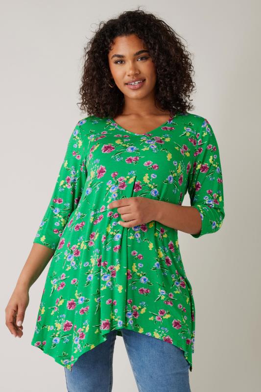 EVANS Plus Size Green Floral Print Hanky Hem Top | Evans 1