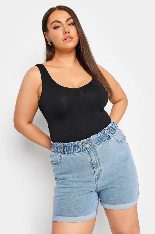 YOURS Plus Size Blue Elasticated Waist Stretch Denim Shorts | Yours Clothing 1