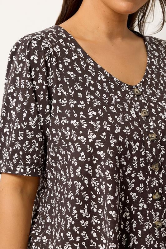 YOURS Plus Size Chocolate Brown Floral Button Front Top | Yours Clothing 4