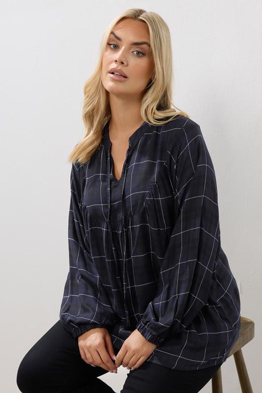 Plus Size  YOURS Curve Navy Blue Check Tie Neck Blouse