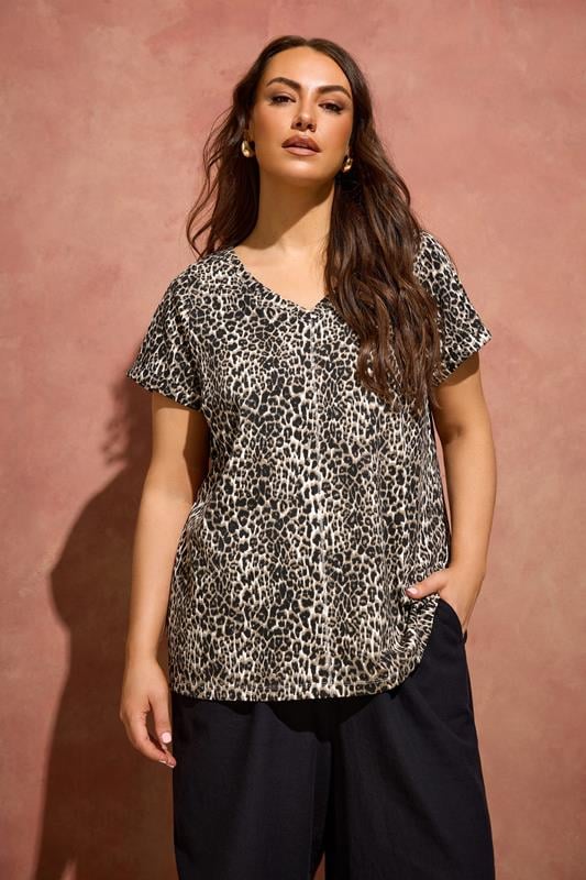  EVANS Curve Natural Leopard Print V Neck Cotton T-Shirt