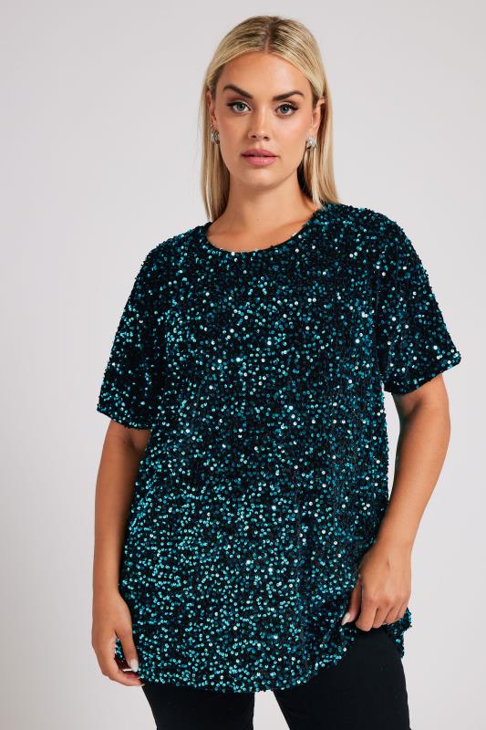 YOURS LONDON Plus Size Blue Velvet Sequin Top | Yours Clothing  3