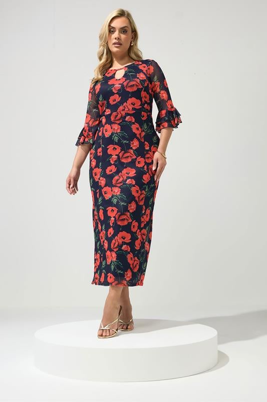 YOURS LONDON Plus Size Navy Blue Floral Keyhole Dress | Yours Clothing 1