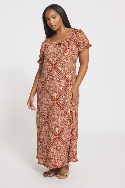 YOURS Plus Size Rust Brown Paisley Textured Milkmaid Dress | Yours Clothing 1