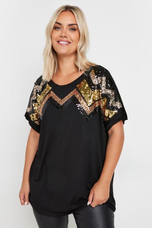 YOURS Plus Size Black Sequin Embellished Short Sleeve T-Shirt | Yours Clothing 1