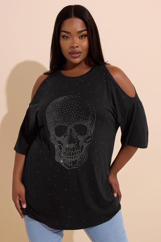 YOURS Plus Size Black Diamante Skull Cold Shoulder Top | Yours Clothing 1