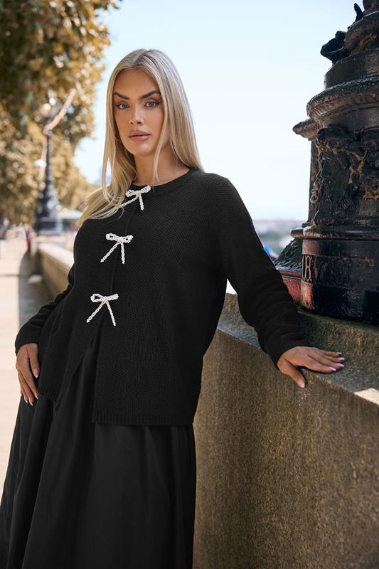 Plus Size  YOURS Curve Black Pearl Bow Front Cardigan