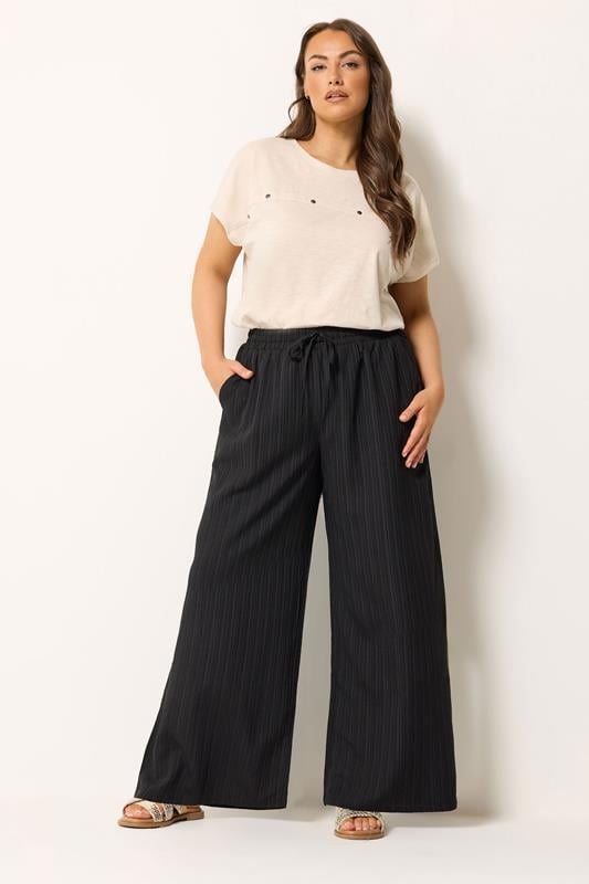  YOURS Curve Black Wide Leg Textured Trousers